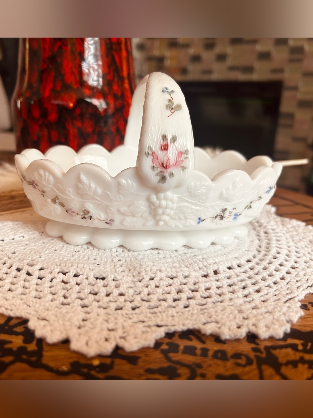 Vintage Westmoreland Milk Glass Basket | Roses & Bows, Paneled Grape Pattern
